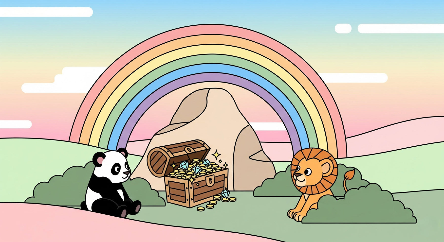 Detailed fairy tale mural wallpaper design pattern featuring panda lion rainbow by Kids-Mundo