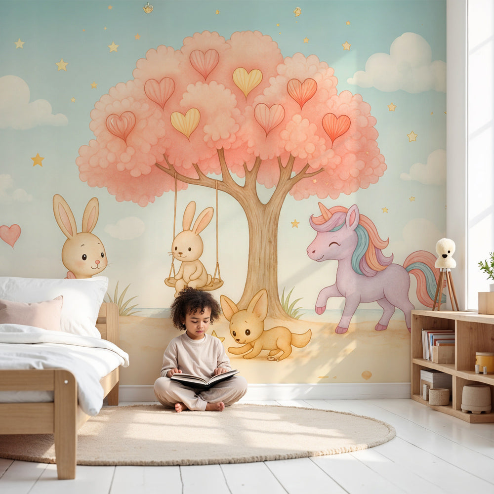Fairy tale mural wallpaper with enchanted forest animals in modern nursery by Kids-Mundo