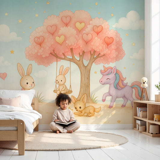 Fairy tale mural wallpaper with enchanted forest animals in modern nursery by Kids-Mundo