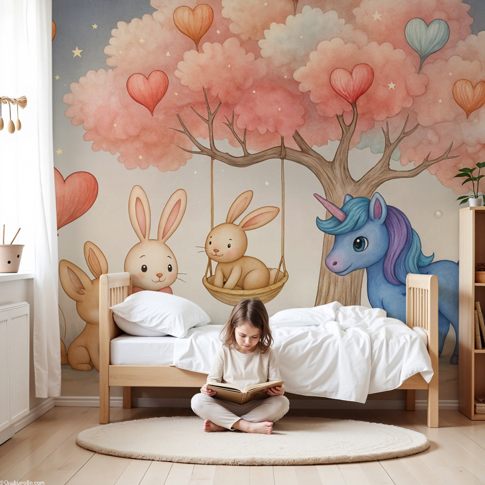 Fairy tale mural wallpaper with bunnies and unicorn in elegant nursery by Kids-Mundo