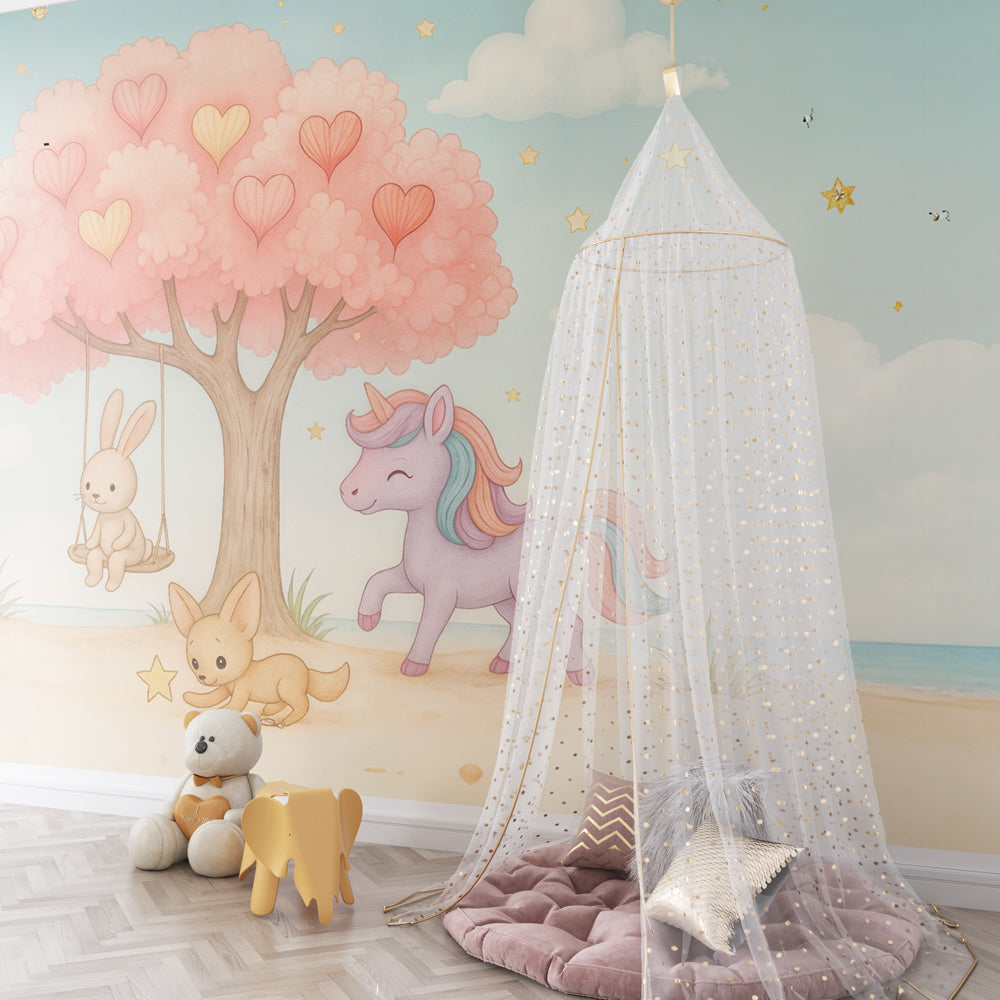 Enchanted forest mural wallpaper transforming kids playroom with heart tree and hot air balloons