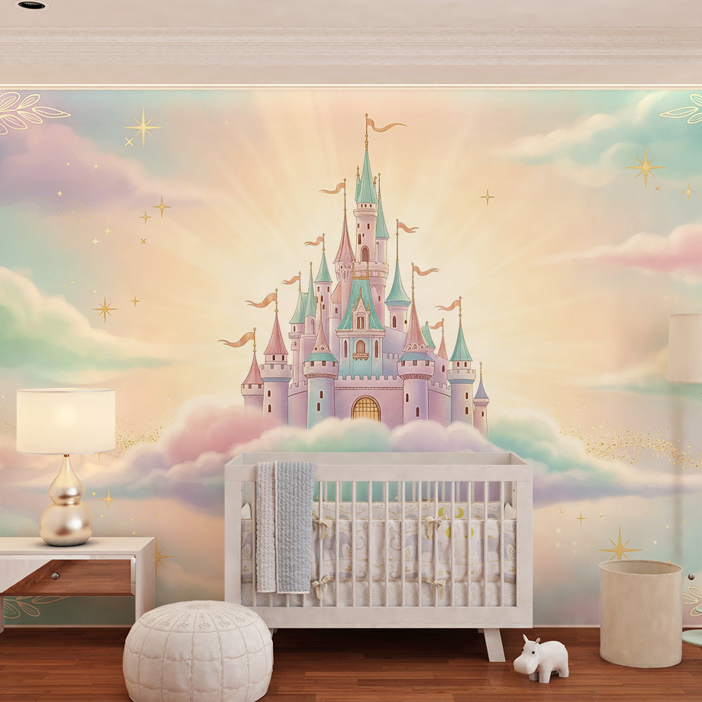 Kids-Mundo castle in the clouds wall mural on a child's bedroom wall, glowing in soft pastel colours.
