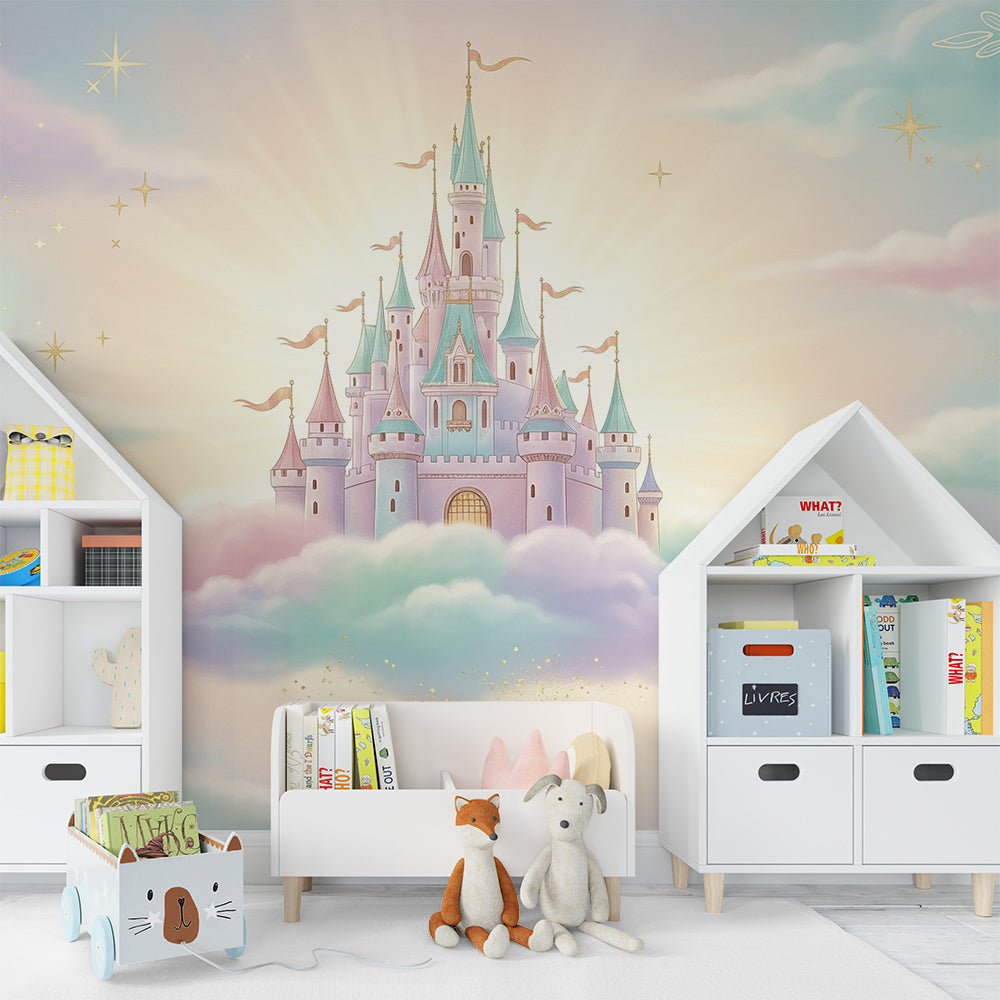 Kids-Mundo fairytale castle wall mural in a playroom, made-to-measure wallpaper with twinkling stars and clouds.