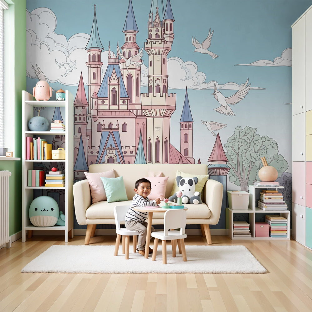 Fairytale castle mural wallpaper in modern kids bedroom with pink and blue pastel tones by Kids-Mundo