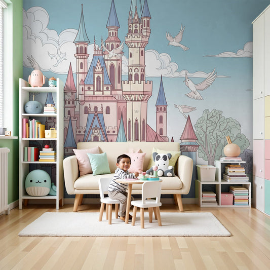 Fairytale castle mural wallpaper in modern kids bedroom with pink and blue pastel tones by Kids-Mundo