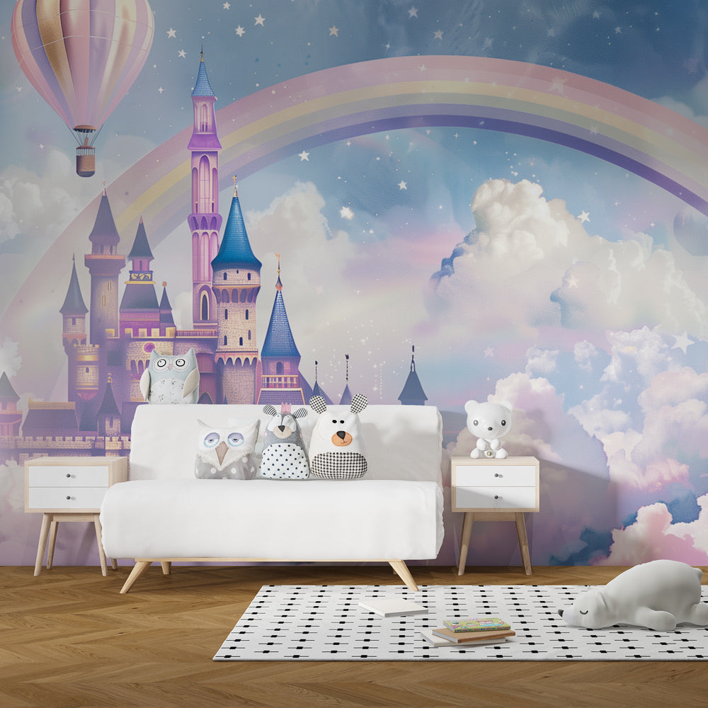 Cloud castle wallpaper transforming children's bedroom into enchanted kingdom by Kids-Mundo