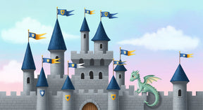 Detailed fairytale castle with dragon mural wallpaper design pattern by Kids-Mundo
