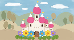 Detailed fairytale castle mural wallpaper design pattern with smiling flowers by Kids-Mundo