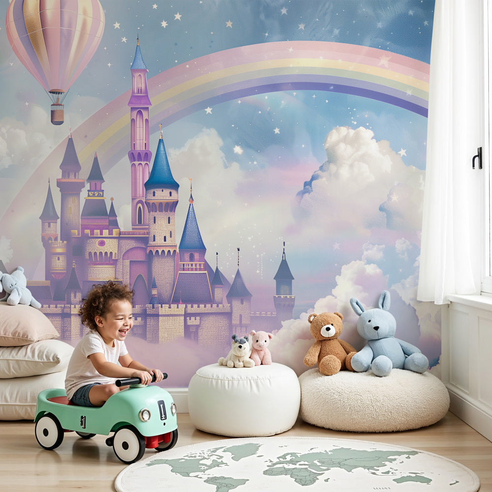 Fairytale castle mural wallpaper with rainbow creating magical nursery decor by Kids-Mundo