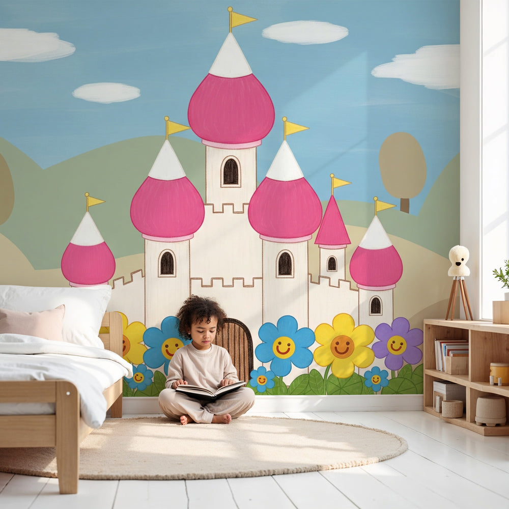 Pink fairytale castle mural wallpaper in bright children's nursery with white furniture by Kids-Mundo
