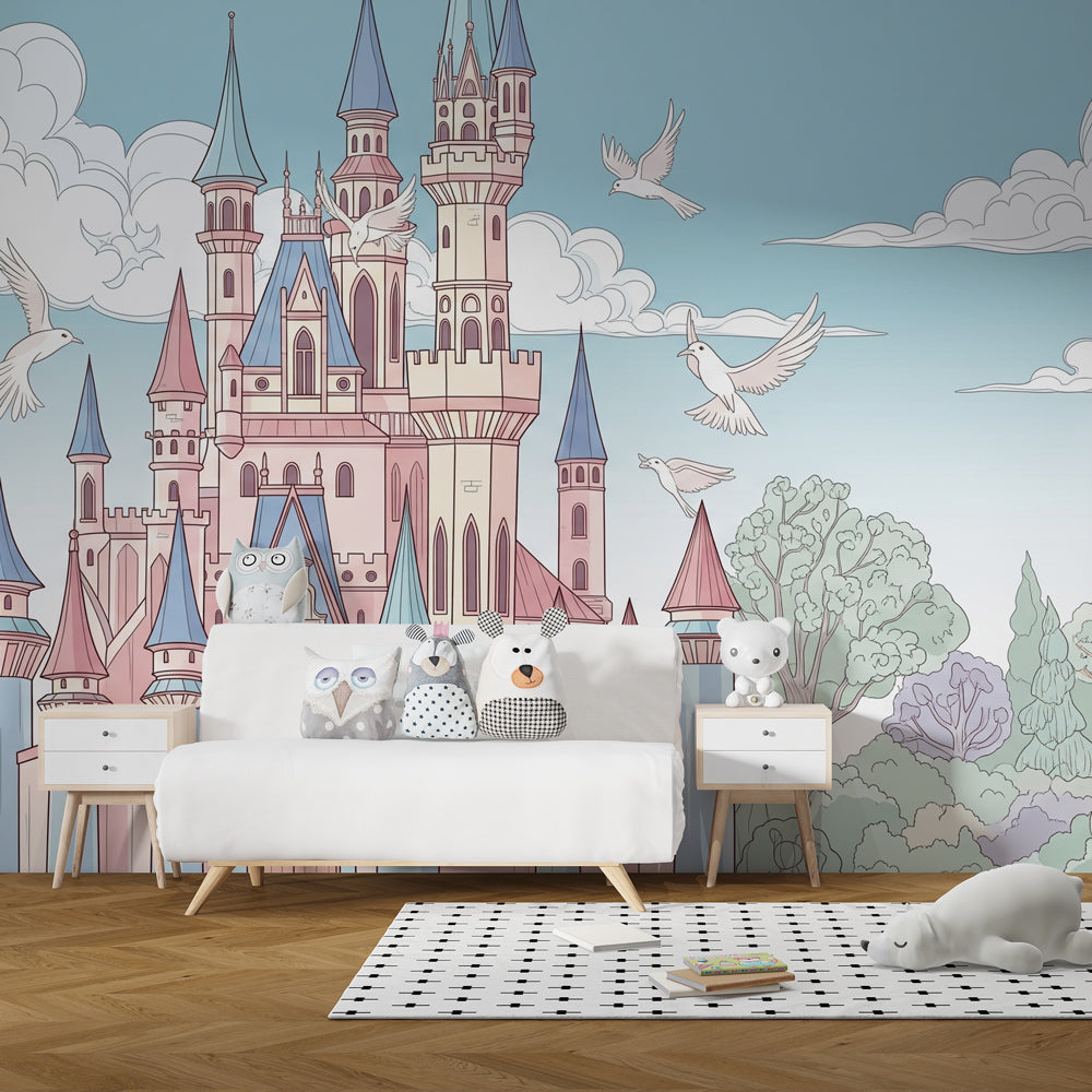 Enchanted castle wallpaper creating magical nursery decor with soft pastel colors and flying birds