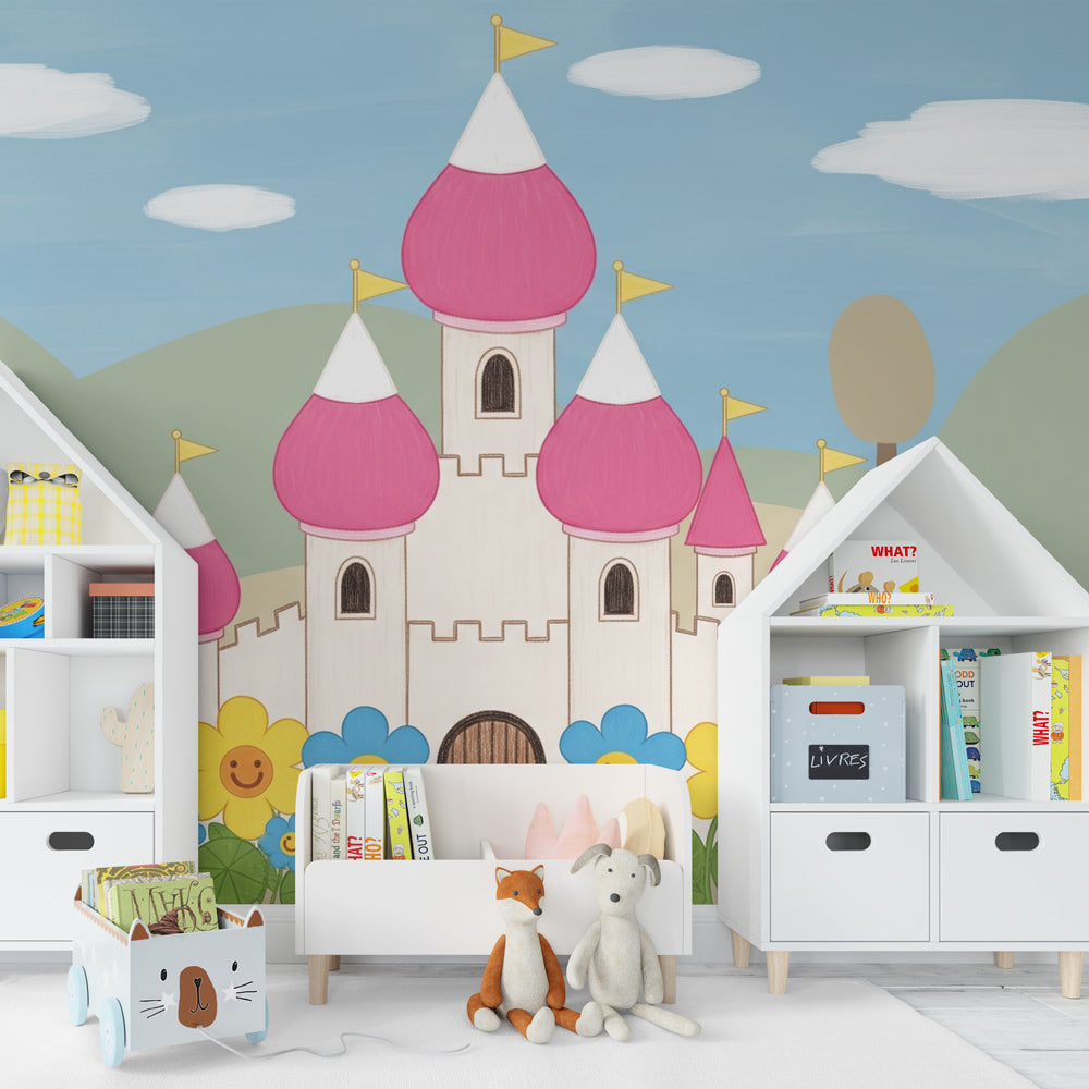 Castle theme mural wallpaper transforming kids playroom into enchanted fairy tale kingdom
