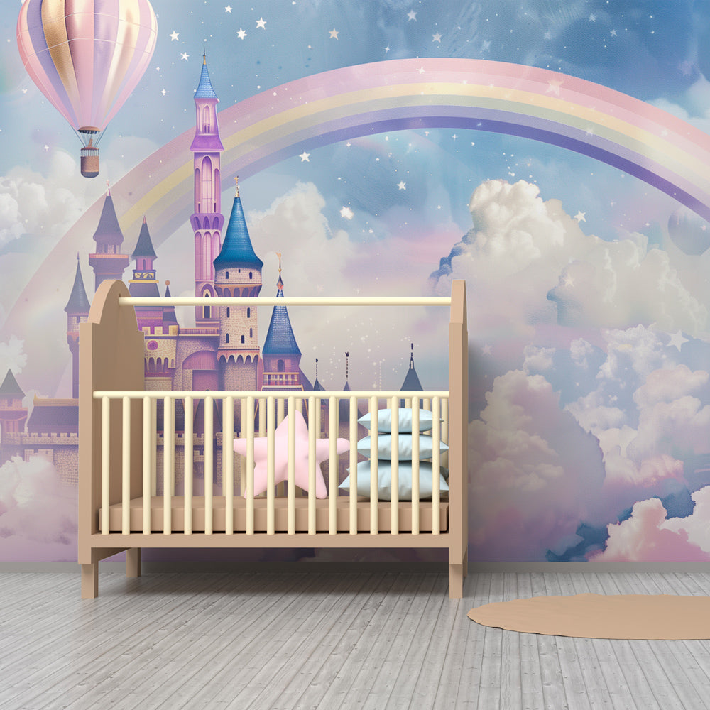 Rainbow castle mural wallpaper inspiring imagination in kids playroom by Kids-Mundo