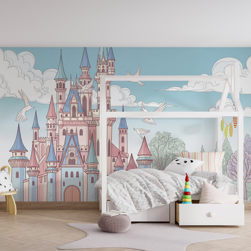 Castle kingdom mural wallpaper transforming children's playroom into storybook adventure space