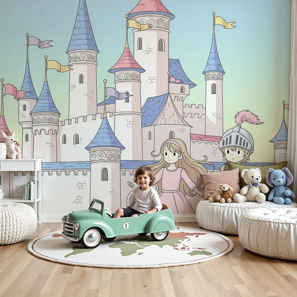 Kids-Mundo fairytale castle wall mural fitted above a cot in a pastel pink nursery