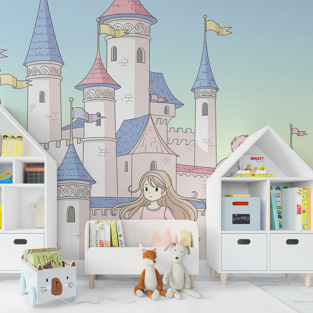 Kids-Mundo fairytale castle wall mural fitted in a playroom with a toy castle and books