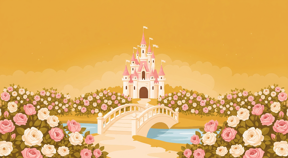 Flat artwork of the Kids-Mundo castle rose garden wall mural with golden sky and blush roses