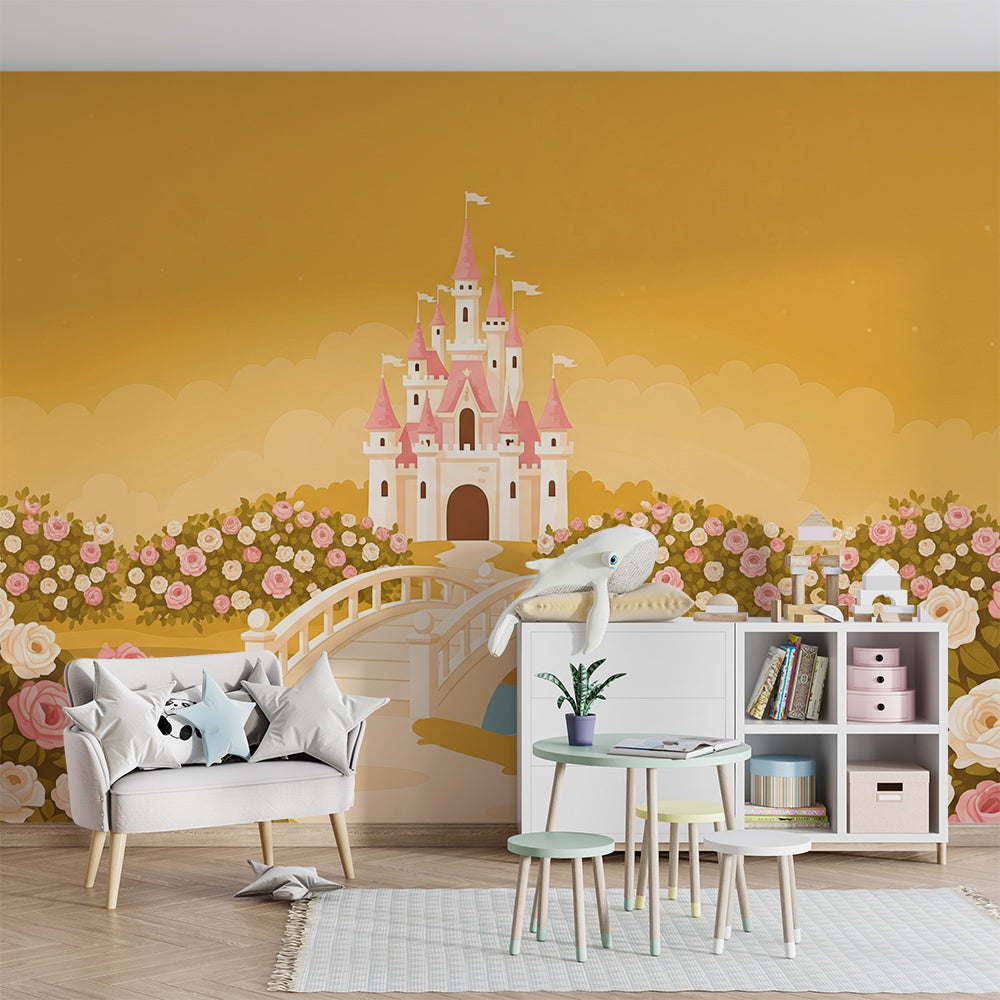 Kids-Mundo fairytale castle wall mural brightening a playful girls' playroom wall
