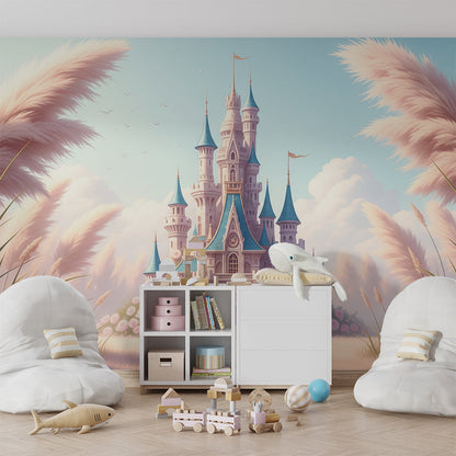 Kids-Mundo castle wall mural bringing a fairytale scene to a girl's bedroom
