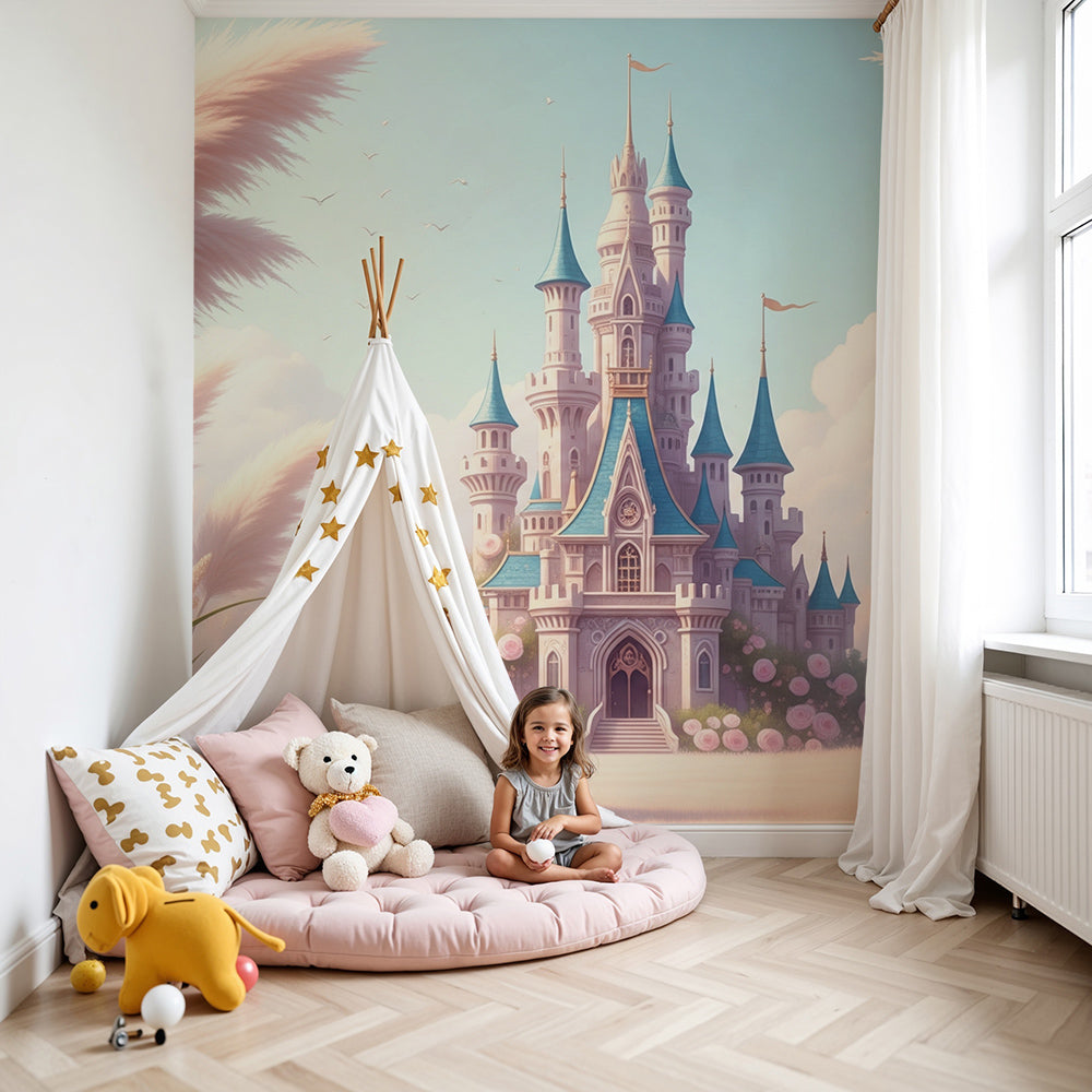 Kids-Mundo fairytale castle wall mural with pink roses in a dreamy nursery