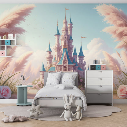 Kids-Mundo fairytale castle and rose wall mural adding magic to a playroom