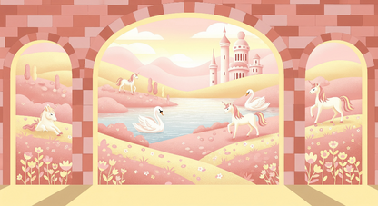 Kids-Mundo flat artwork preview of the fairytale castle swans and unicorns wall mural.