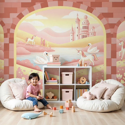 Kids-Mundo fairytale castle unicorn wall mural with swans, styled in a soft baby nursery.