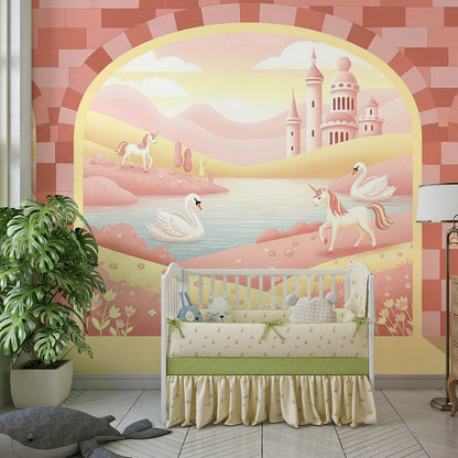 Kids-Mundo fairytale castle swans and unicorns wall mural filling a colourful playroom.