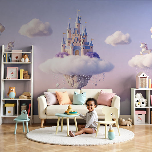 Unicorn castle wall mural by Kids-Mundo styled in a dreamy baby nursery room