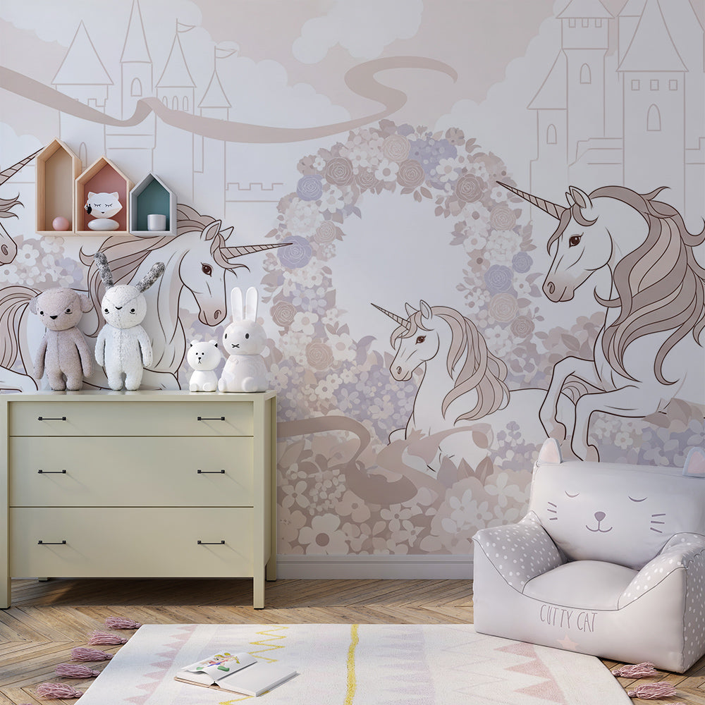 Kids-Mundo unicorn and castle wall mural covering a feature wall in an elegant kids bedroom