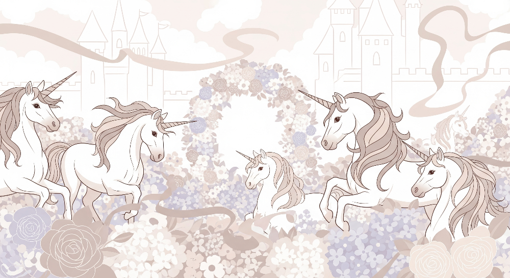Kids-Mundo flat artwork of fine line-art unicorns and a distant fairytale castle skyline