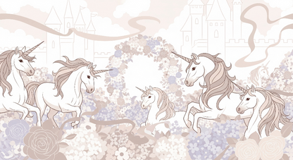 Kids-Mundo flat artwork of fine line-art unicorns and a distant fairytale castle skyline