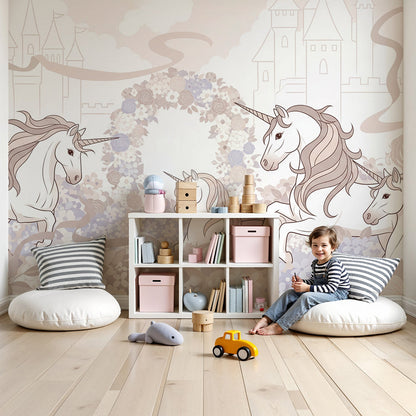 Kids-Mundo fairytale castle unicorn wall mural styled behind a cot in a blush pink nursery