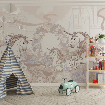 Kids-Mundo fairytale unicorn wall mural bringing storybook charm to a children's playroom