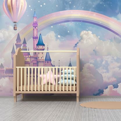 Kids-Mundo cloud castle and rainbow wall mural brightening a colourful children's playroom.