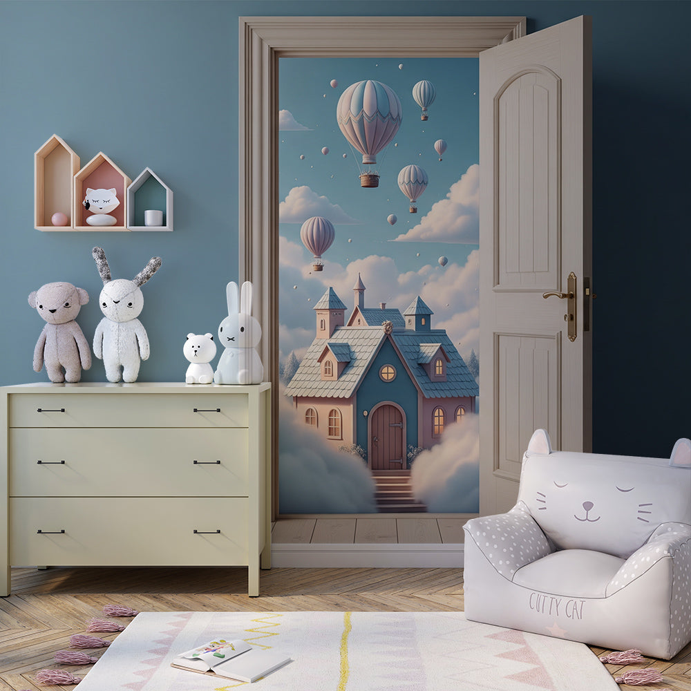 Kids-Mundo cloud cottage and balloon wall mural featured on a children's bedroom feature wall