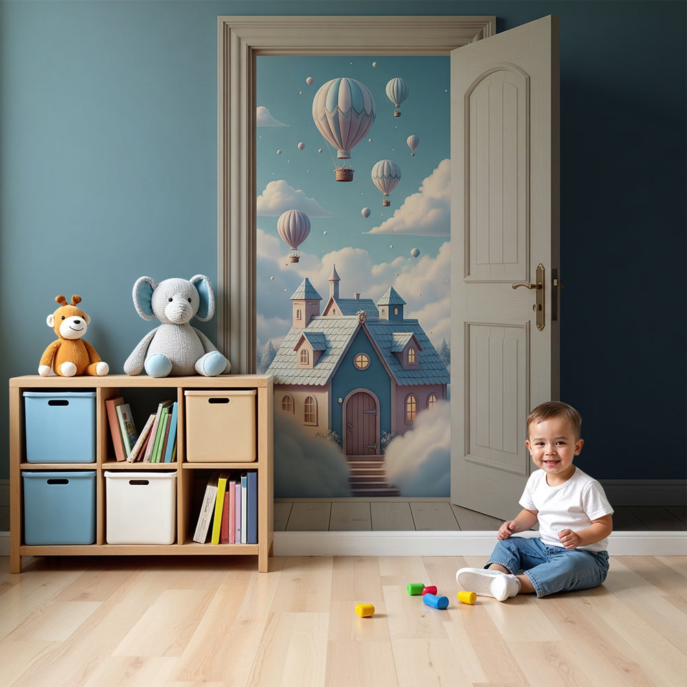 Kids-Mundo fairytale cottage wall mural with hot air balloons styled in a soft blue nursery