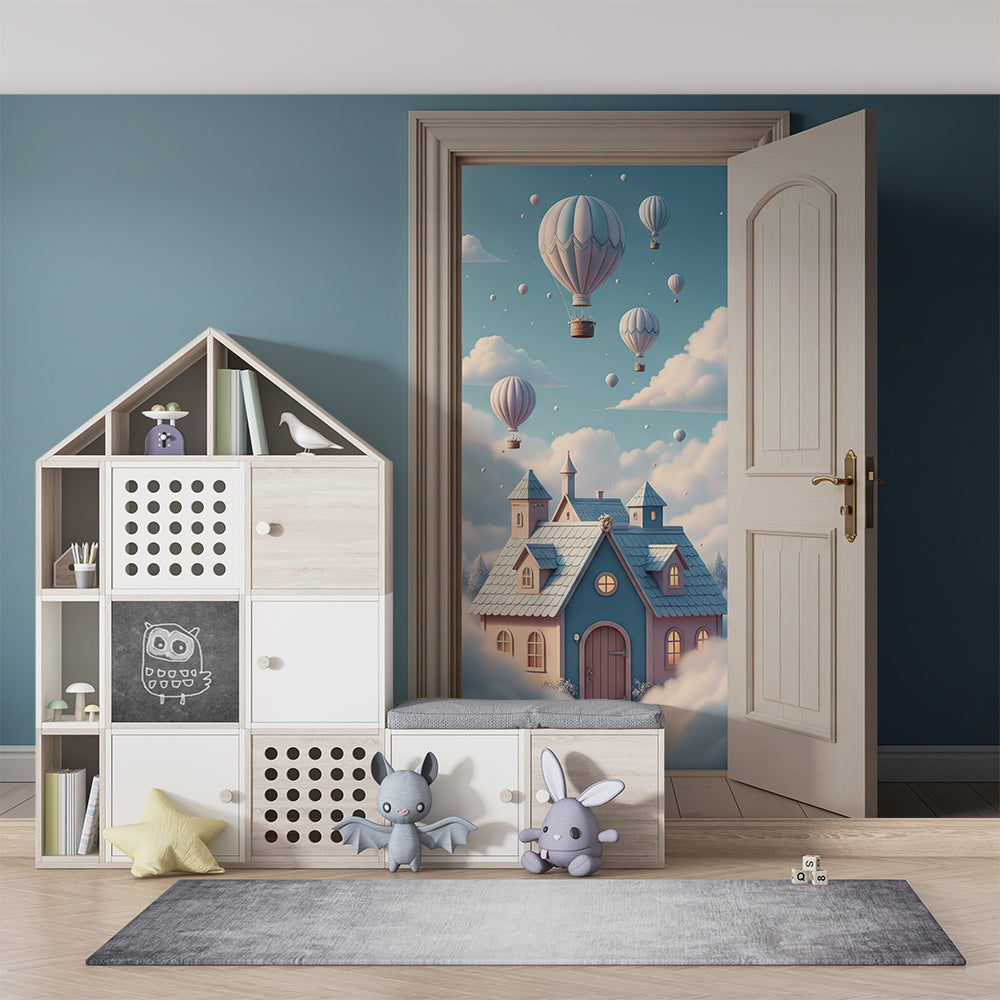 Kids-Mundo whimsical cottage wall mural bringing a dreamy balloon sky to a playroom wall