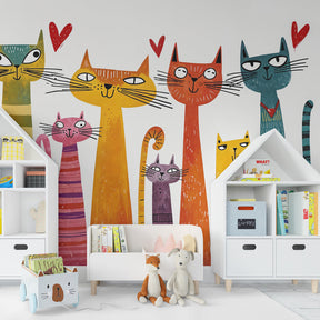 Playful cats wallpaper creating whimsical children's bedroom decor with vibrant colors