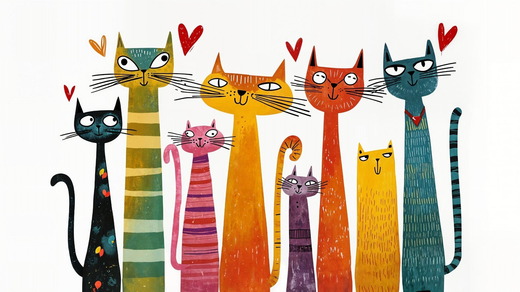 Fantasy cats mural wallpaper design pattern with colorful felines and hearts by Kids-Mundo