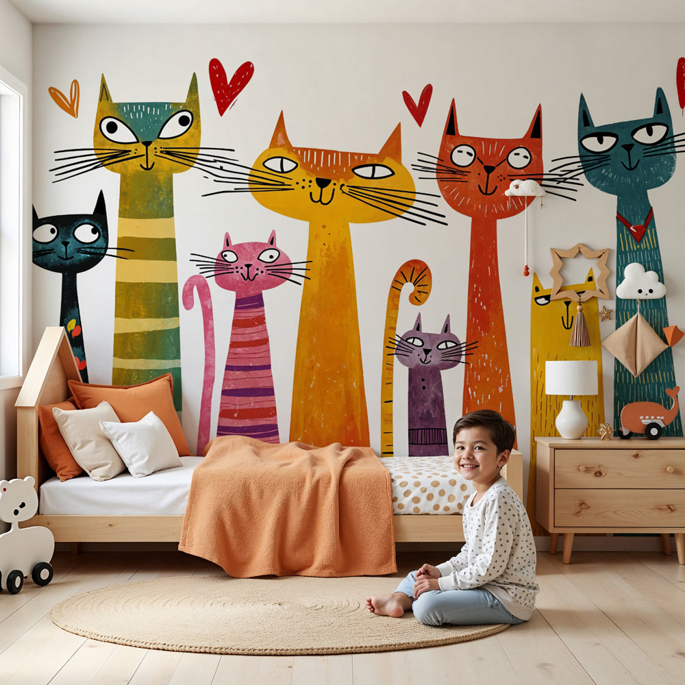 Fantasy cats mural wallpaper in colorful nursery setting with hearts by Kids-Mundo