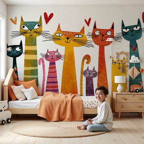 Fantasy cats mural wallpaper in colorful nursery setting with hearts by Kids-Mundo