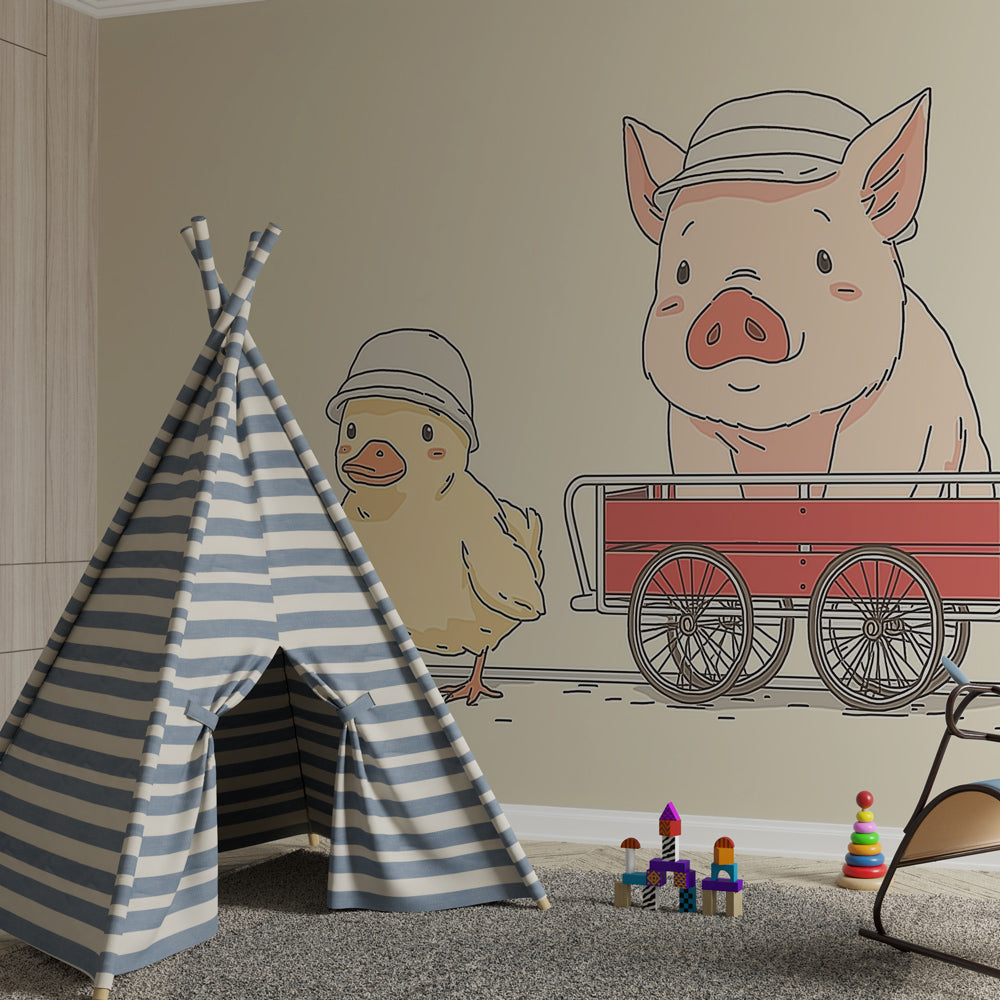 Playful pig and duck wallpaper creating cozy children's bedroom decor with beige tones