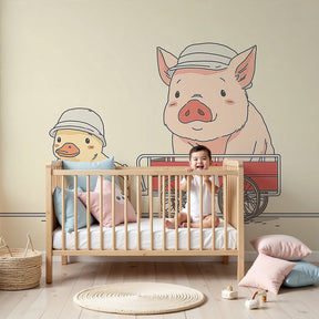 Farm animals mural wallpaper with pig and duck in modern nursery by Kids-Mundo