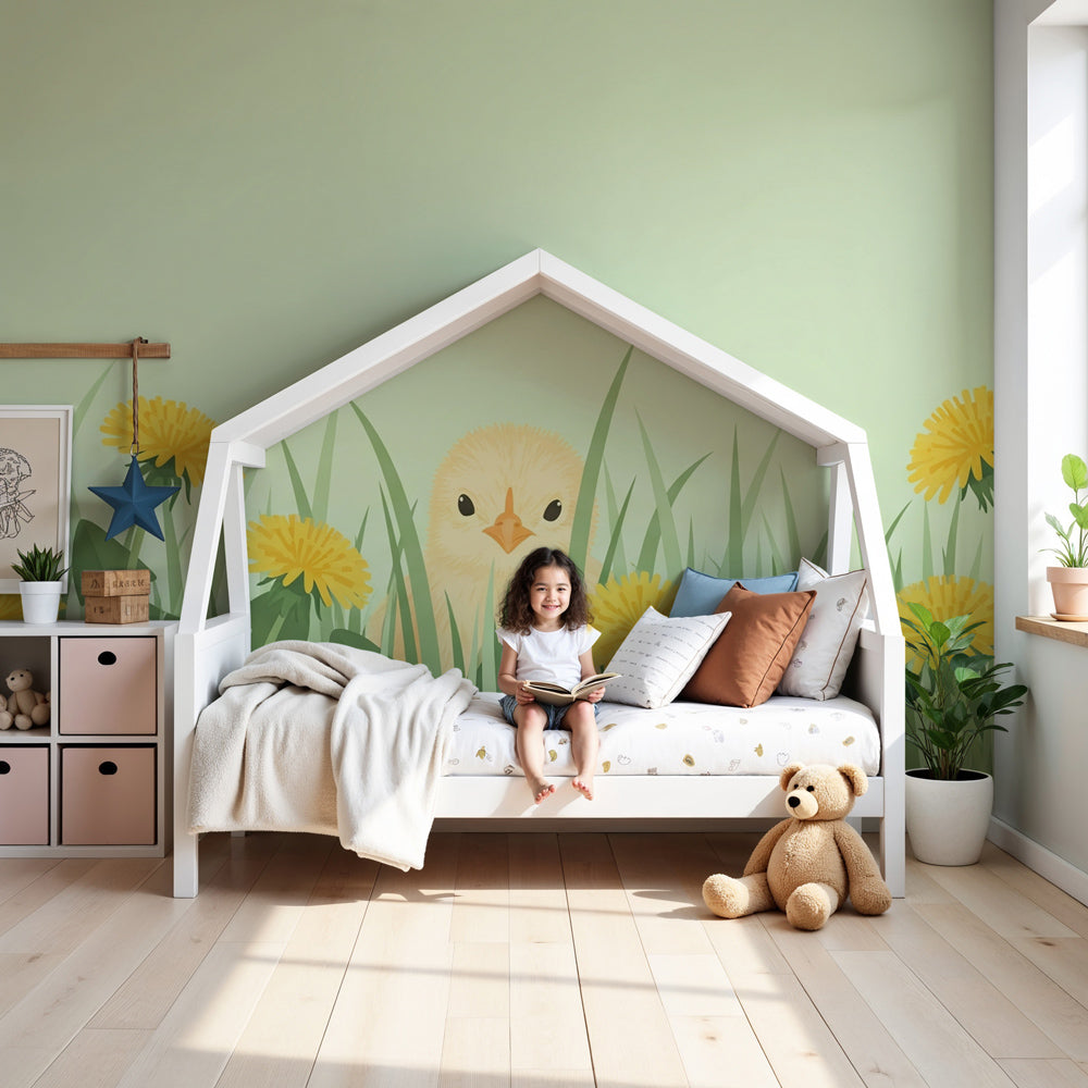 Farm animals mural wallpaper with curious chick in nursery setting by Kids-Mundo