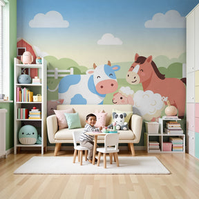 Farm animals mural wallpaper in cozy nursery with wooden crib and natural decor by Kids-Mundo