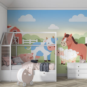 Colorful farm animals wallpaper with red barn and pastoral scene for kids playroom