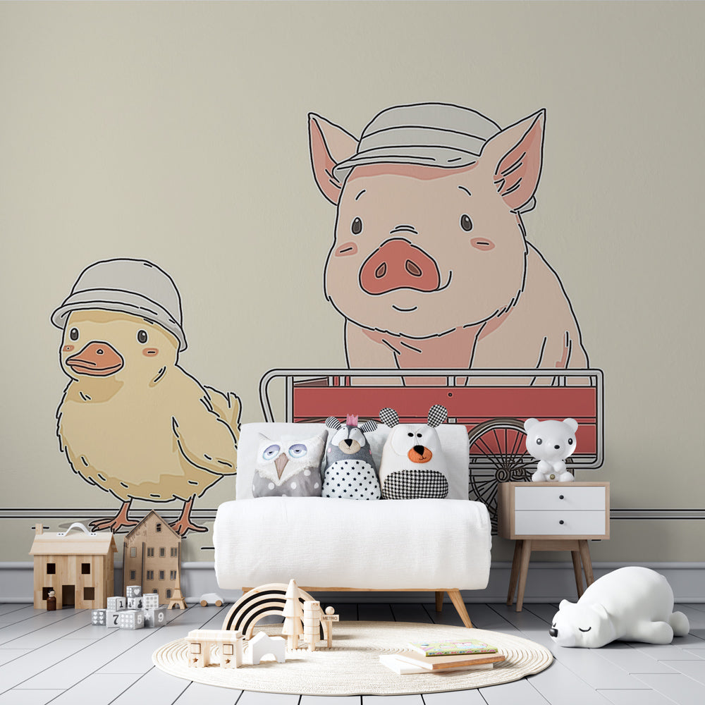 Farm animal themed mural wallpaper for kids room with wooden furniture by Kids-Mundo