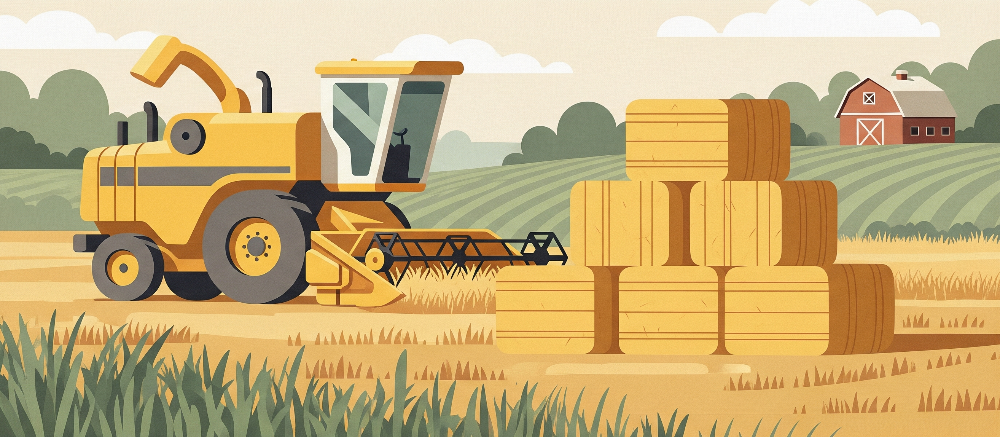 Kids-Mundo flat artwork of a yellow combine harvester with hay bales and a red barn