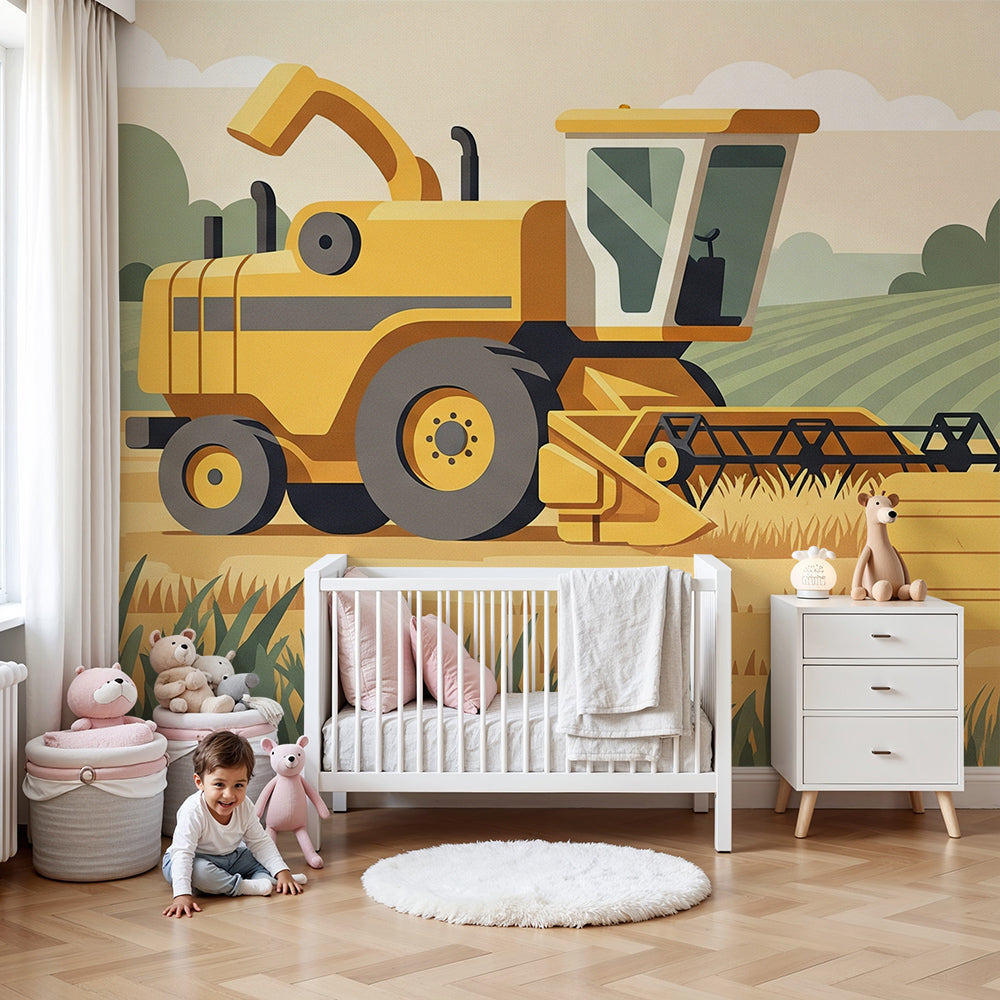 Kids-Mundo combine harvester farm wall mural in a bright kids bedroom with bed and rug